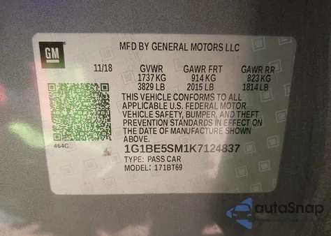 2019 Chevrolet Cruze Lt z USA, uszkodzony, nr VIN 1G1BE5SM1K7124837